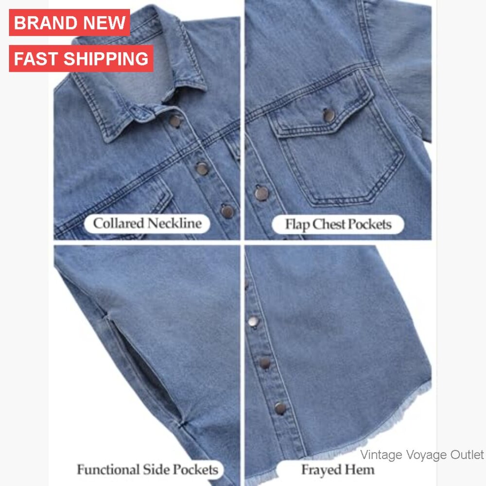 Oversized Denim Jacket With Button Front Frayed H… - image 6